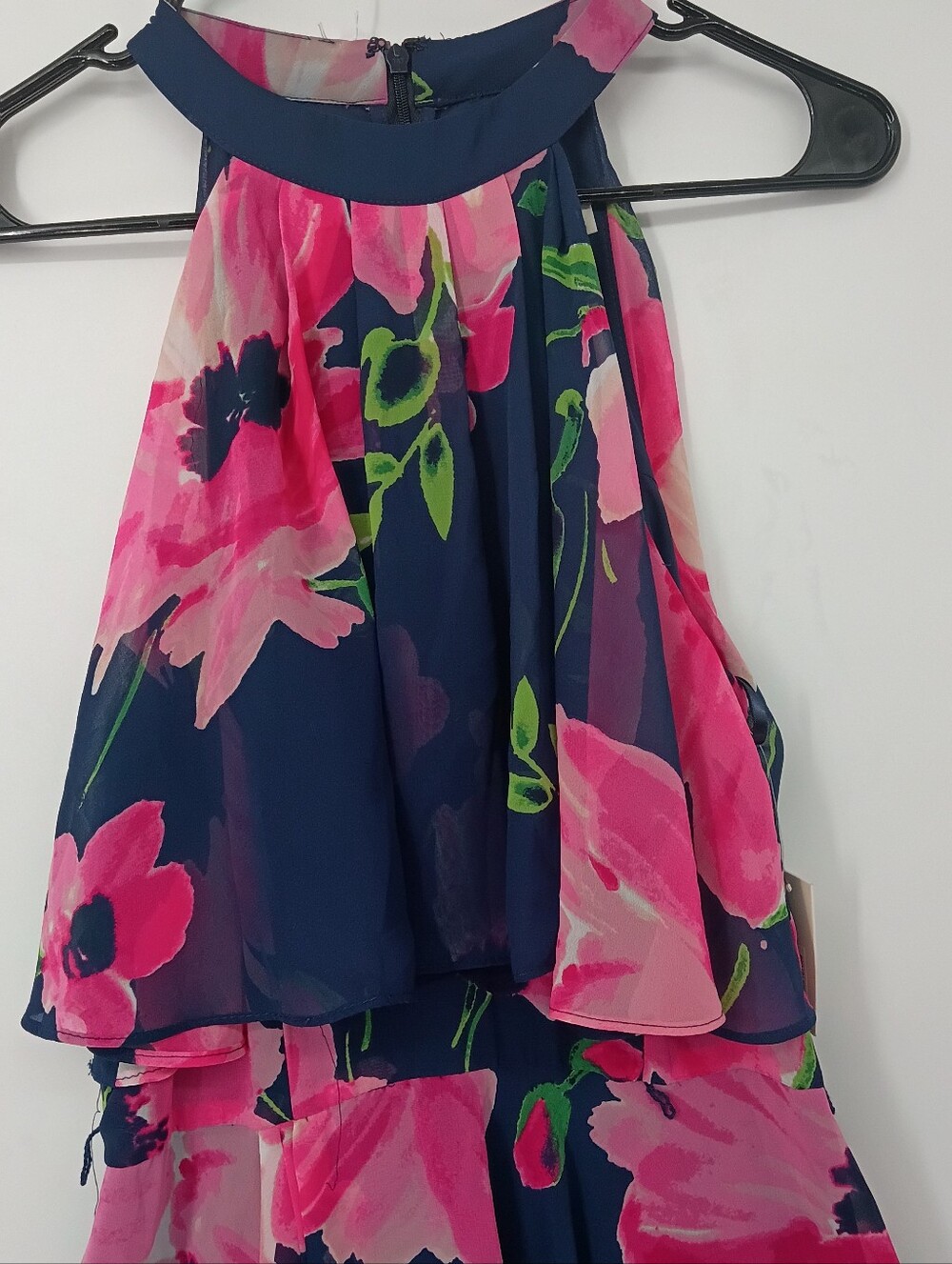 Eliza J Navy Halter Chiffon Maxi Dress w Pink Floral & Ruffle Drop Collar Size 8 - Picture 4 of 6
